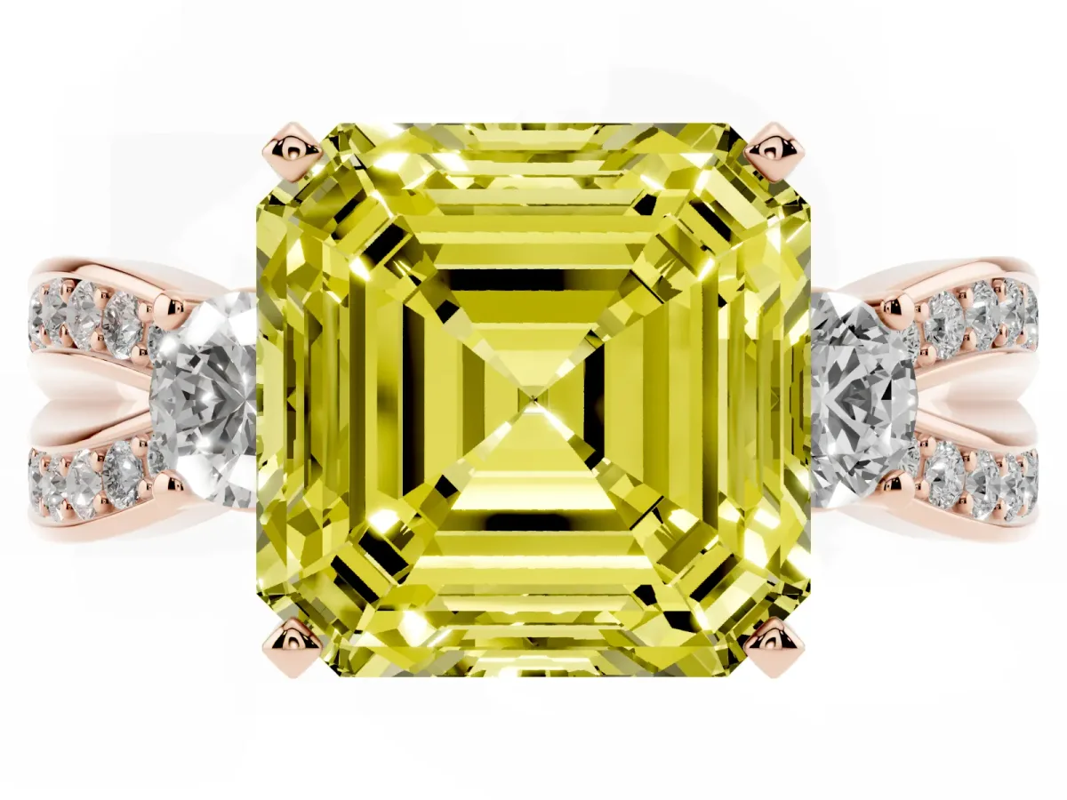 Fancy Yellow Three-Stone Asscher Cut Cut Diamond Twist Band with Prong Setting Rose gold