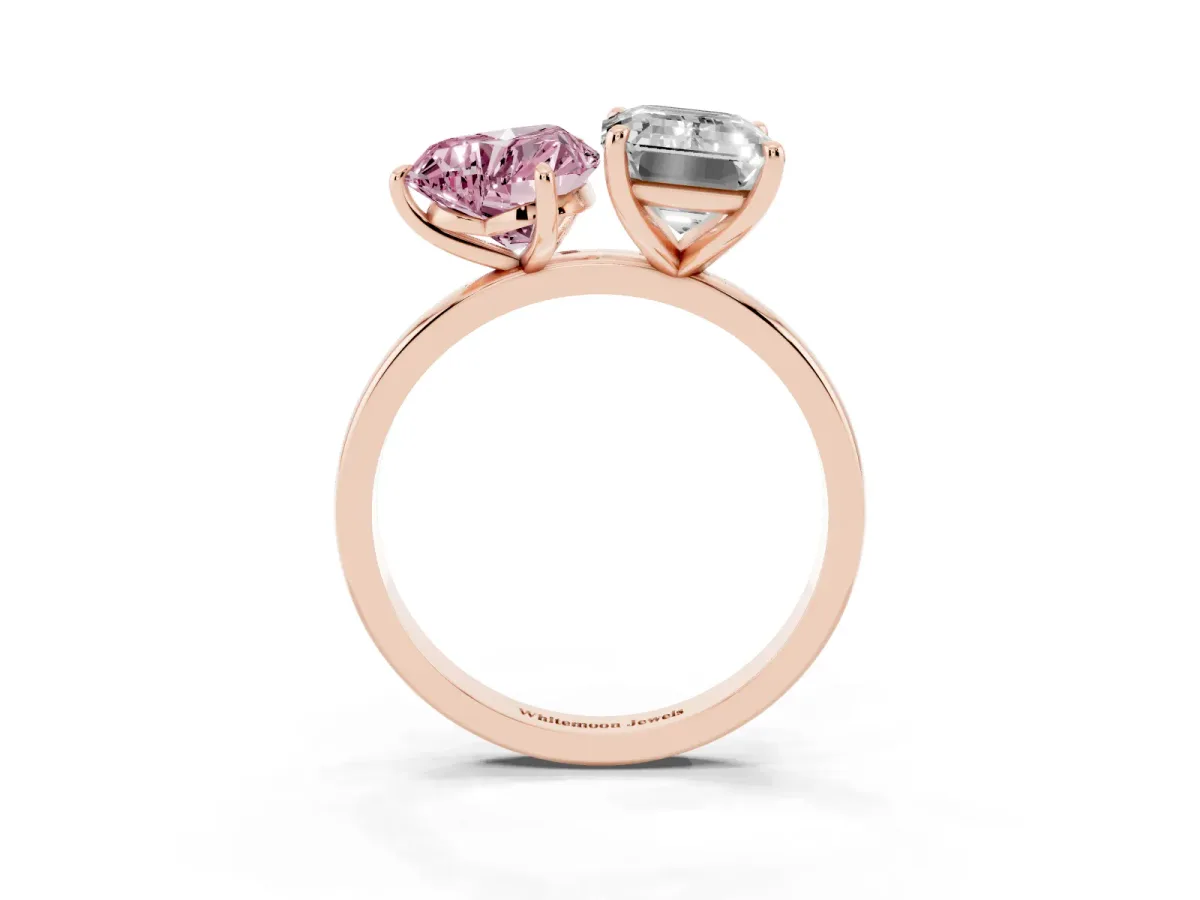 Fancy Pink Heart Cut and Emerald Cut Toi Moi Ring with Prong Setting Rose gold