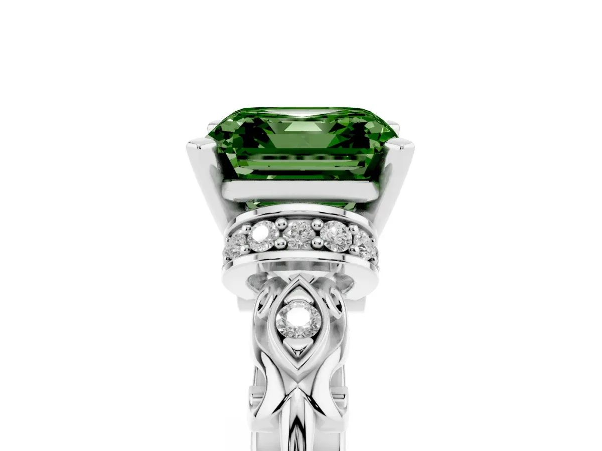Fancy Green Asscher Cut Diamond Solitaire Ring with Filigree Band and Four-Prong Setting Platinum