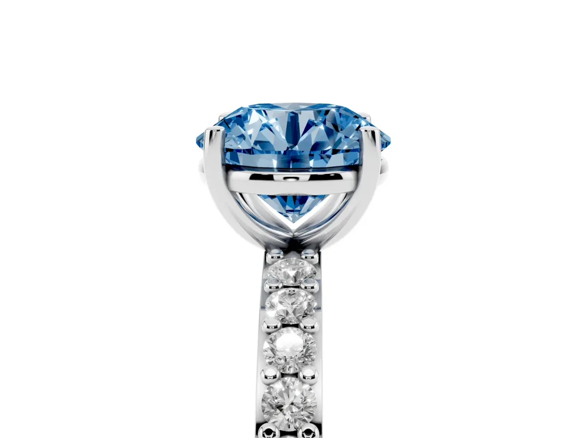 Fancy Blue Round Cut Cut Diamond Solitaire with Pave Band and Four-Prong Setting Silver