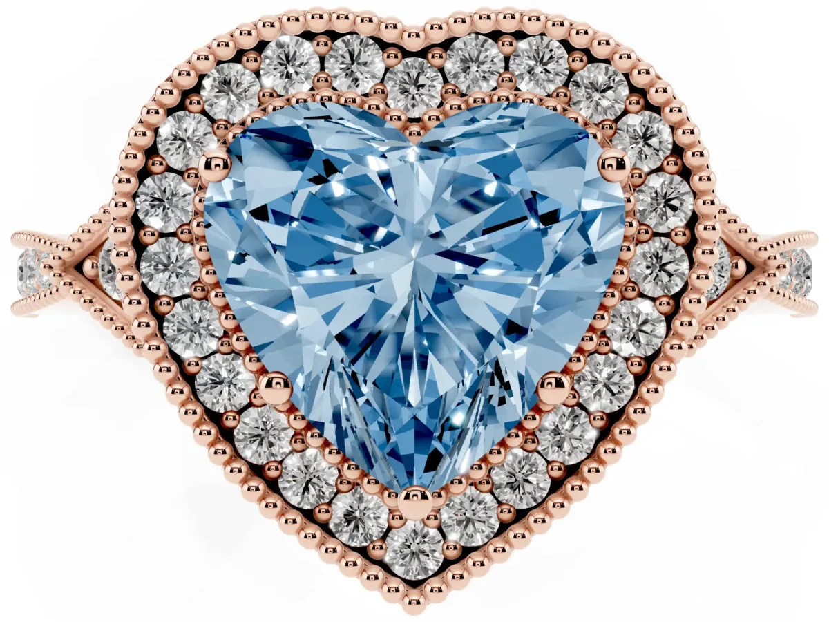 Fancy Blue Heart Cut Halo Round Diamond Milgrain Pave Engagement Ring Rose gold