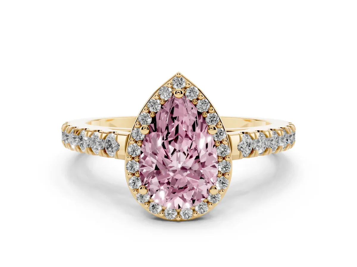 Fancy Pink Pear Cut Cut Halo Diamond Engagement Ring with Pave Band and Four-Prong Setting Yellow gold