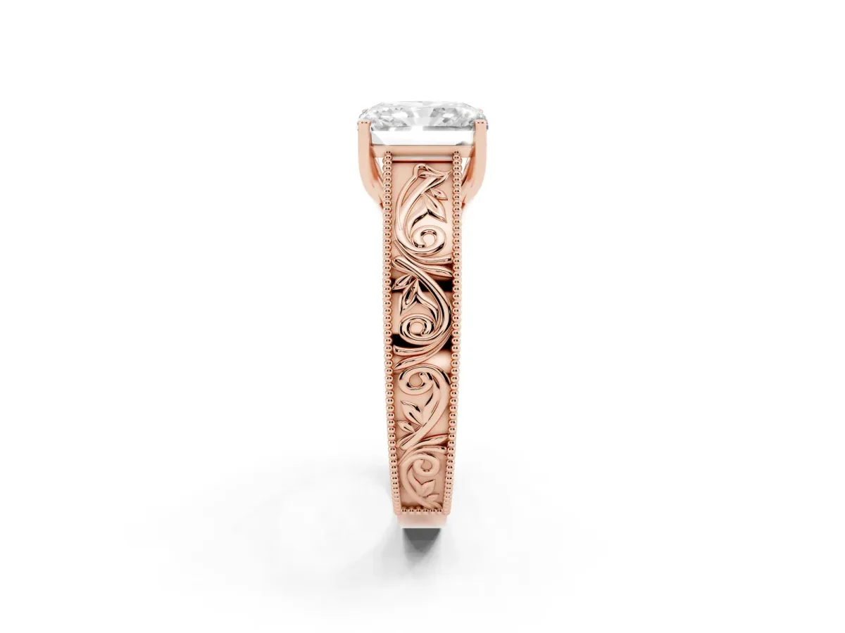 Radiant Cut Diamond Solitaire Ring with Engraved Band and Four-Prong Setting Rose gold