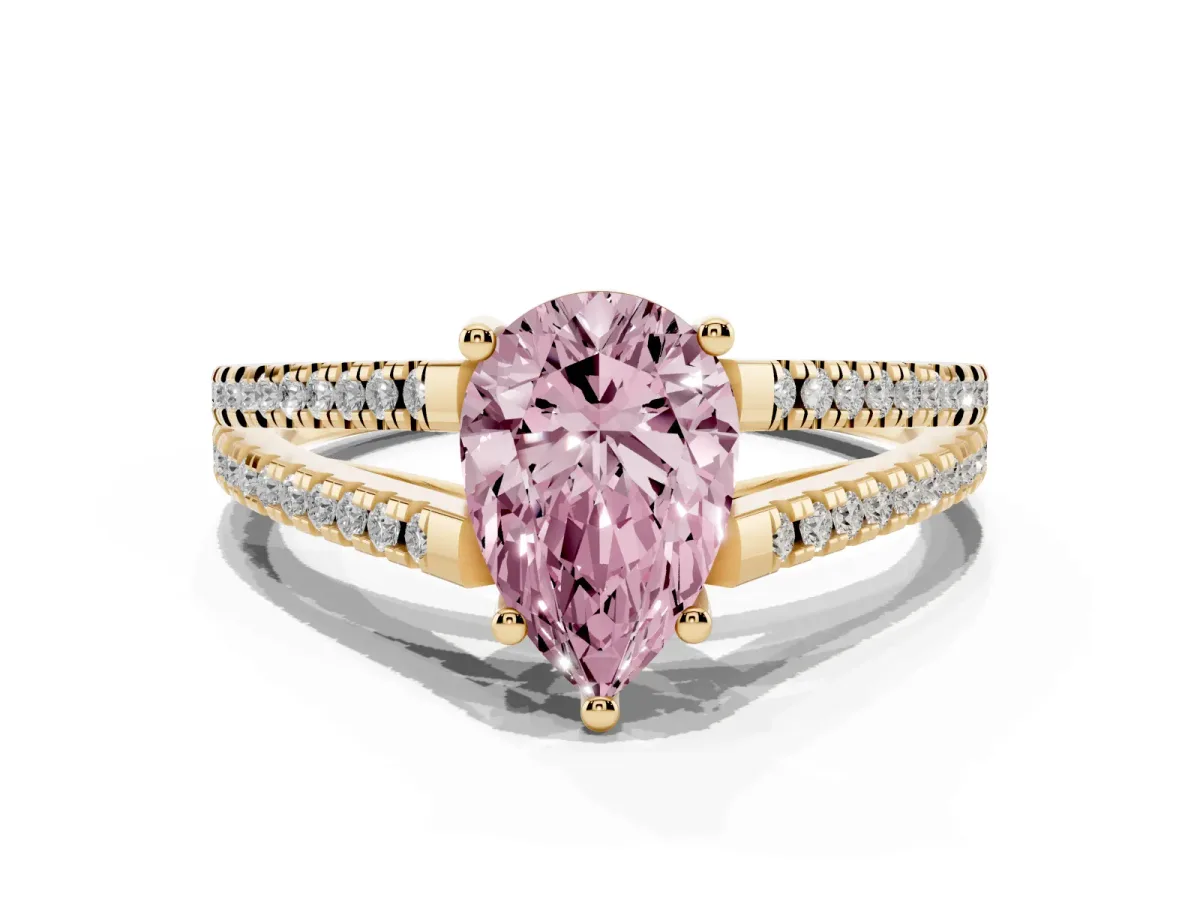 Fancy Pink Pear Cut Diamond Solitaire Engagement Ring with Split Shank Pavé Band Yellow gold