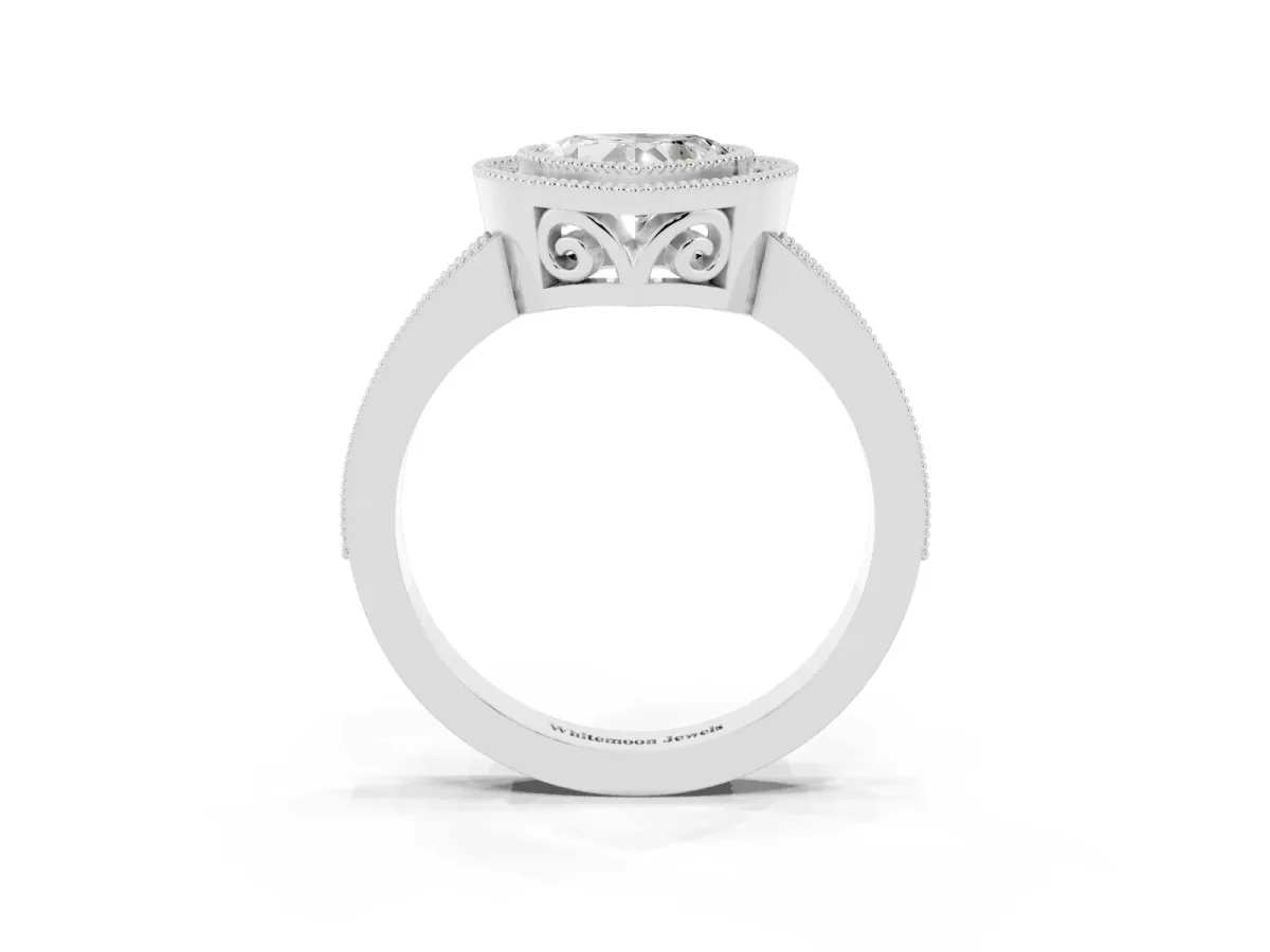 Heart Cut Cut Halo Diamond Ring with Pavé Band and Milgrain Prong Setting White gold