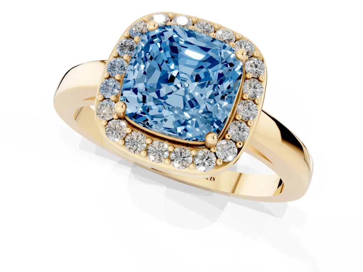 Fancy Blue Cushion Cut Halo Diamond Ring with Solitaire Band and Prong Setting Yellow gold