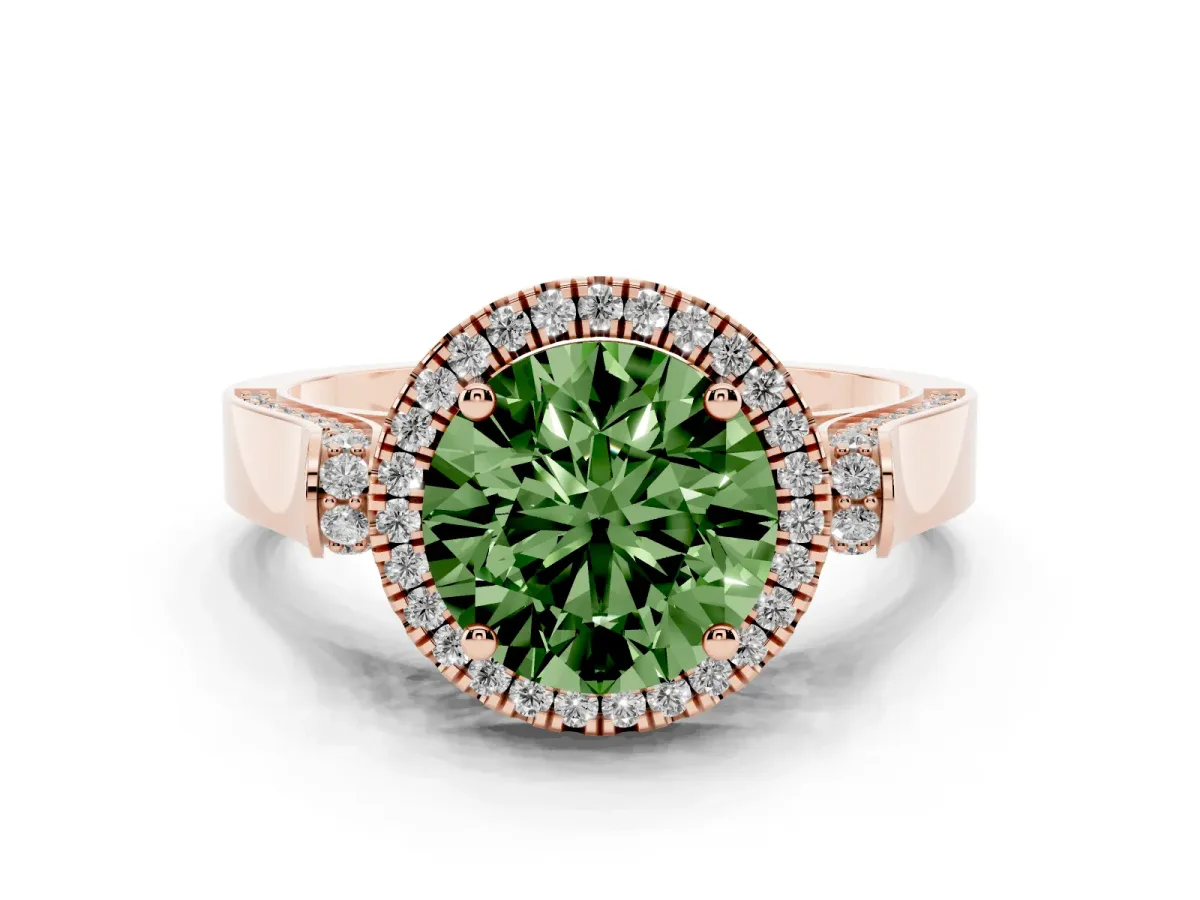 Fancy Green Round Cut Halo Round Diamond Twist Band with Four-Prong Setting Rose gold