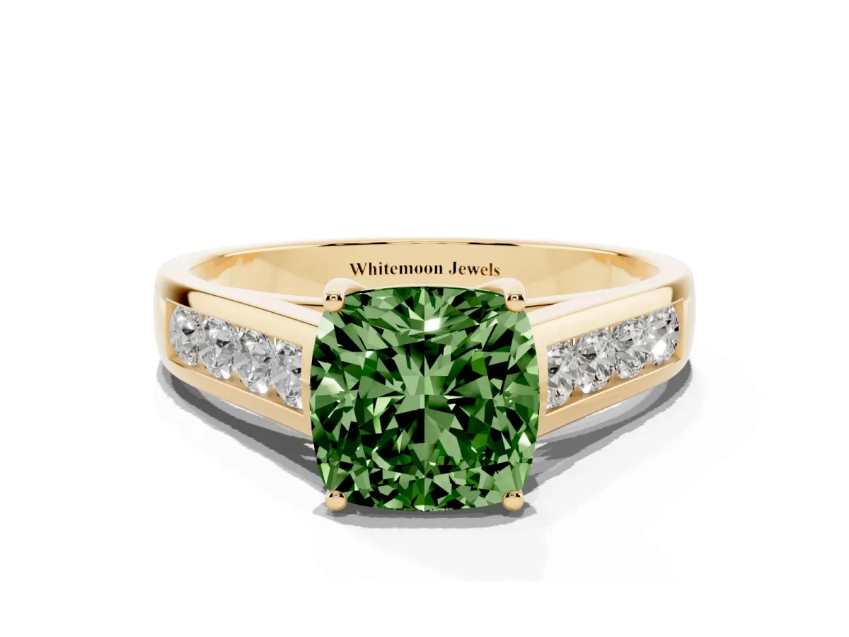 Fancy Green Cushion Cut Solitaire Channel-Set Diamond Engagement Ring with Four-Prong Setting Yellow gold
