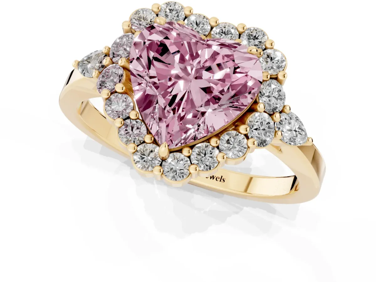 Fancy Pink Heart Cut Diamond Halo Ring with Pear Side Stones and Prong Setting Yellow gold