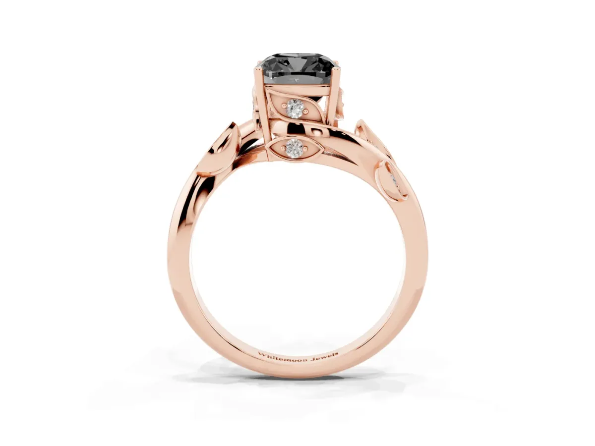 Fancy Black Cushion Cut Solitaire Twist Engagement Ring with Leaf Accents and Prong Setting Rose gold