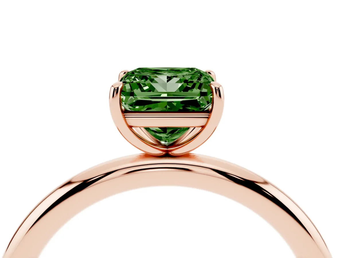 Fancy Green Princess Cut Solitaire Diamond Ring with Four-Prong Setting on a Plain Band Rose gold