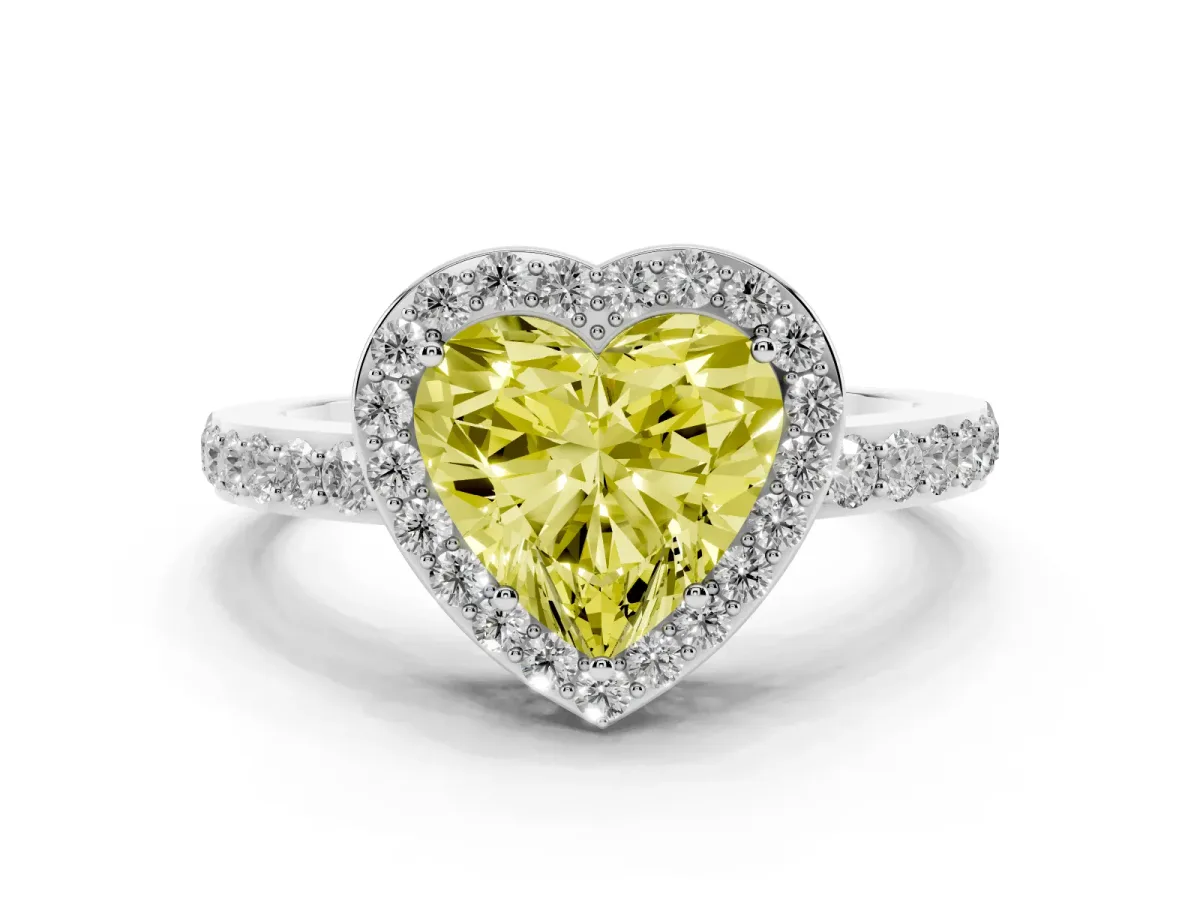Fancy Yellow Heart Cut Halo Diamond Pavé Band Ring with Prong Setting Silver
