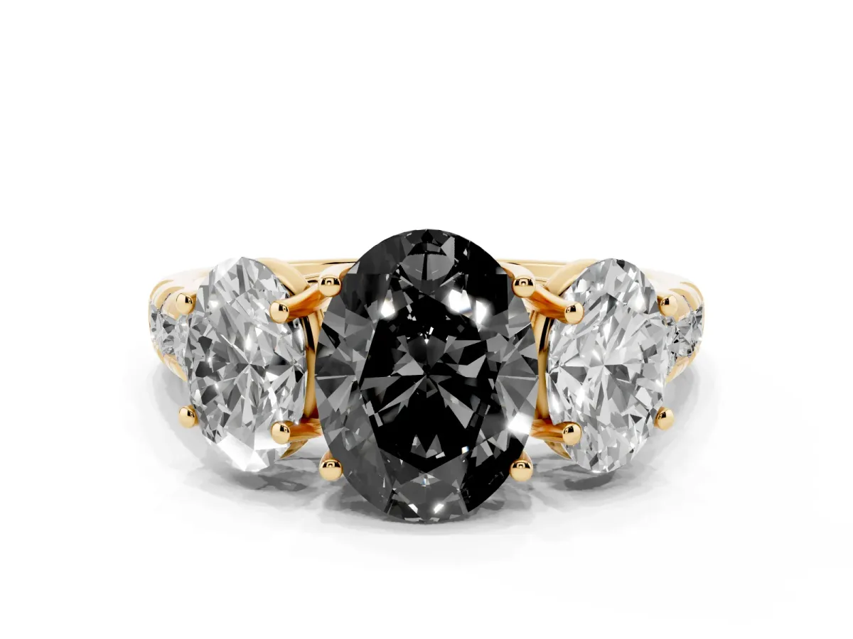 Fancy Black Three-Stone Oval Cut Diamond Pavé Band with Prong Setting Yellow gold