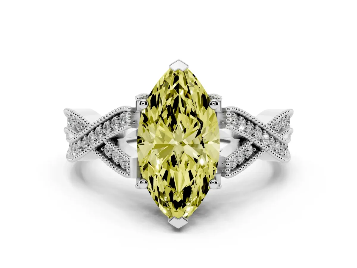 Fancy Yellow Marquise Cut Cut Diamond Twisted Band with Milgrain Pave Setting and Four-Prong Setting Silver