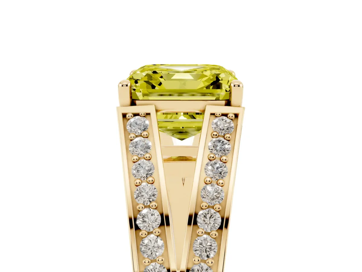 Fancy Yellow Asscher Cut Diamond Split Shank Ring with Pavé Band and Four-Prong Setting Yellow gold