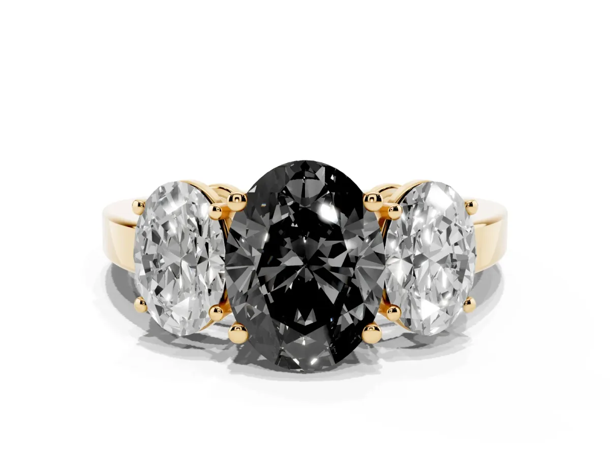 Fancy Black Three-Stone Oval Cut Cut Diamond Engagement Ring with Flat Band and Four-Prong Setting Yellow gold