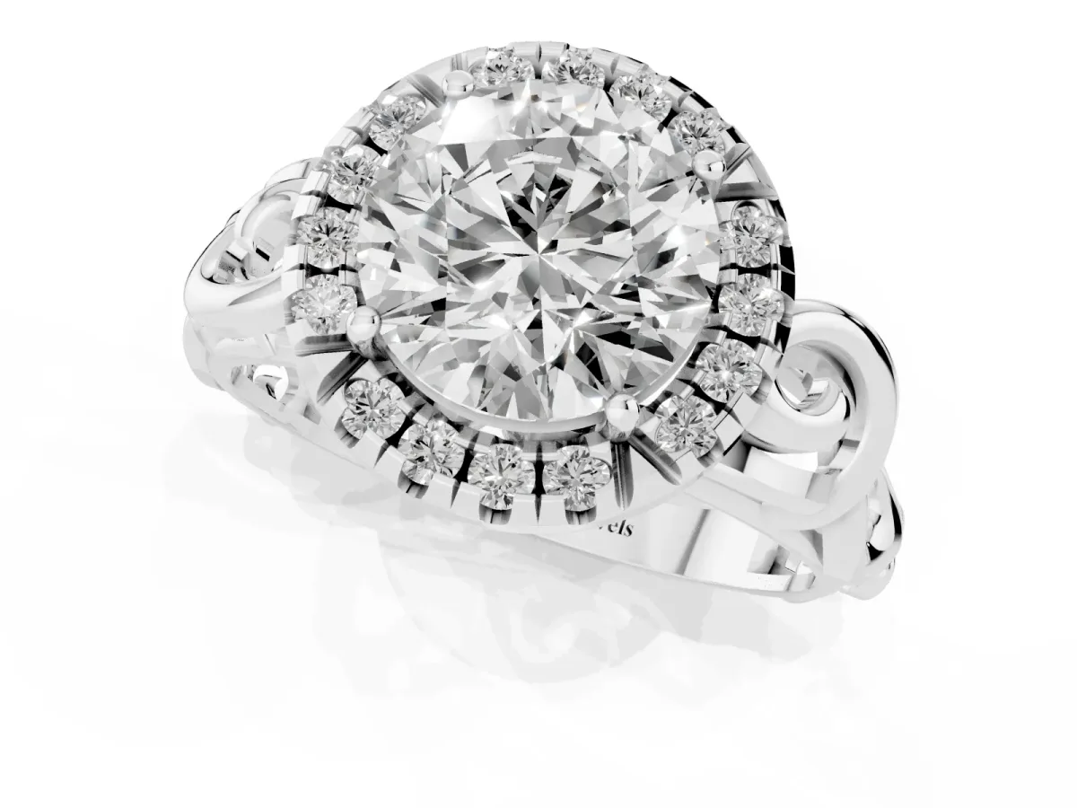 Round Cut Cut Halo Diamond Ring with Scrollwork Band and Four-Prong Setting Silver
