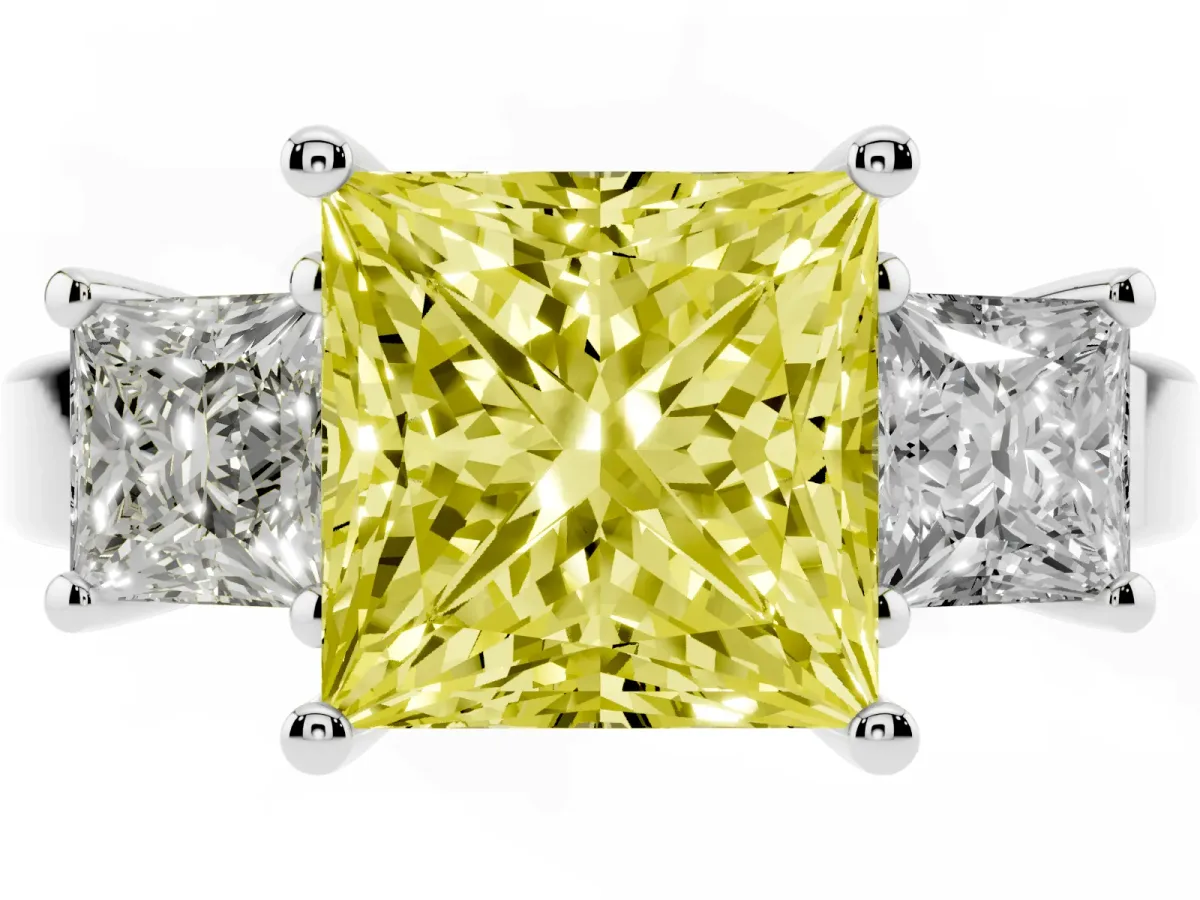 Fancy Yellow Three-Stone Princess Cut Cut Solitaire Ring with Prong Setting Silver