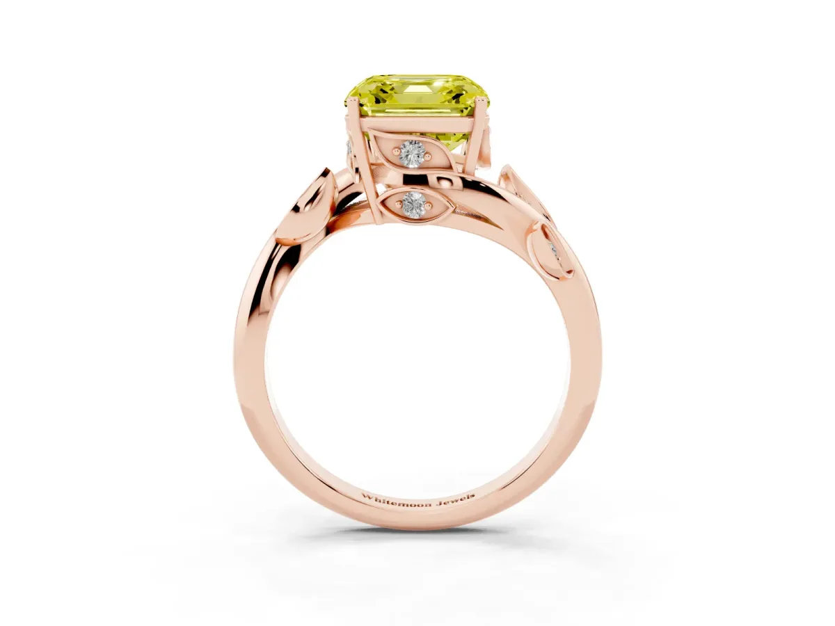 Fancy Yellow Asscher Cut Solitaire Twist Engagement Ring with Leaf Accents and Prong Setting Rose gold