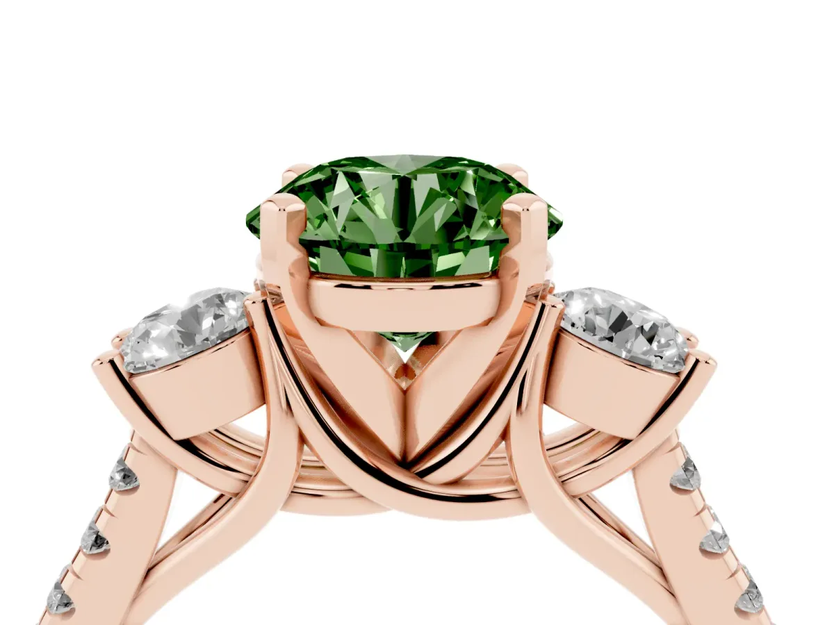 Fancy Green Three-Stone Round Cut Diamond Pavé Band with Four-Prong Setting Rose gold