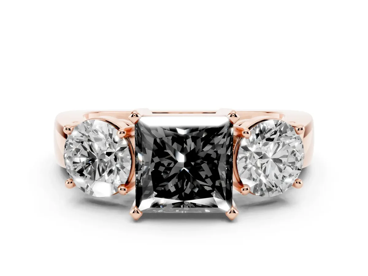 Fancy Black Three-Stone Princess Cut Diamond Ring with Round Side Stones, Classic Band, and Four-Prong Setting Rose gold