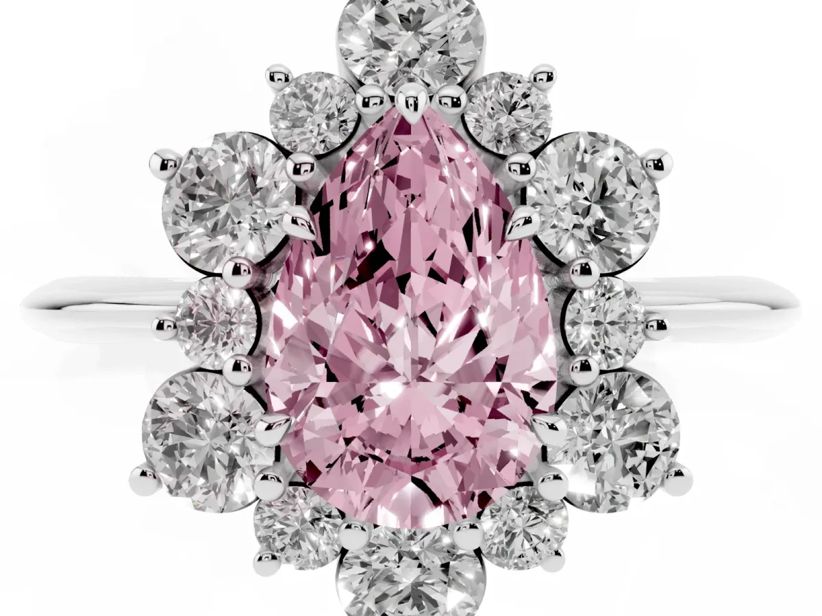 Fancy Pink Pear Cut Diamond Cluster Halo Ring with Solitaire Band and Four-Prong Setting Silver