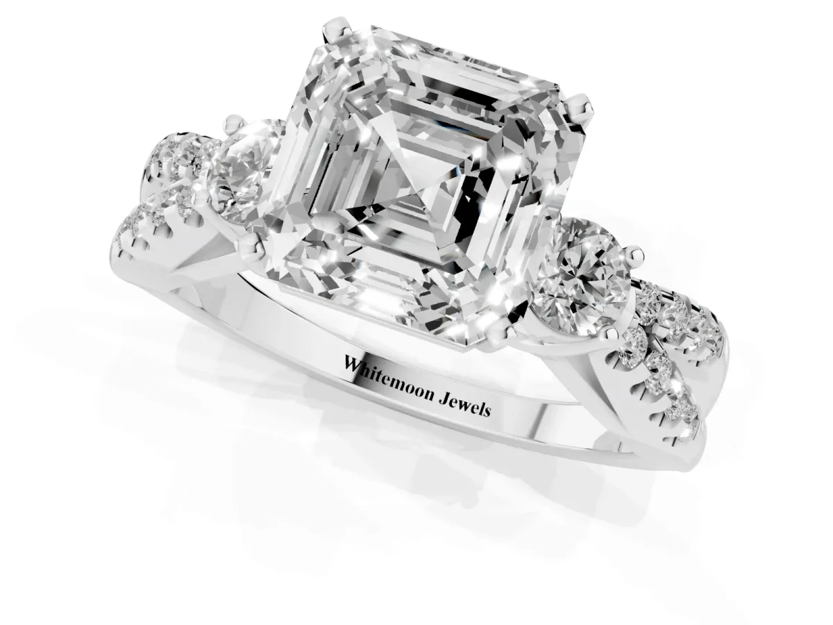 Asscher Cut Diamond Three-Stone Ring with Pavé Split Shank and Four-Prong Setting White gold