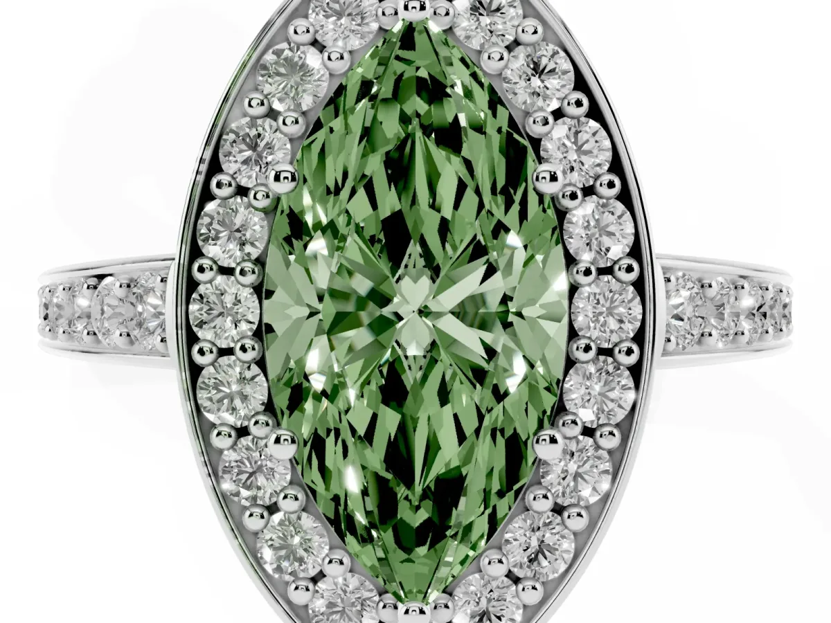 Fancy Green Marquise Cut Halo Pavé Diamond Engagement Ring with Bezel Setting Platinum