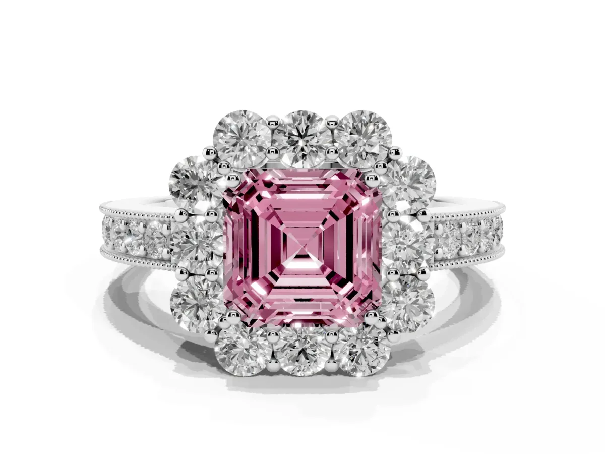 Fancy Pink Asscher Cut Cut Halo Diamond Pavé Engagement Ring with Milgrain Detailing Silver