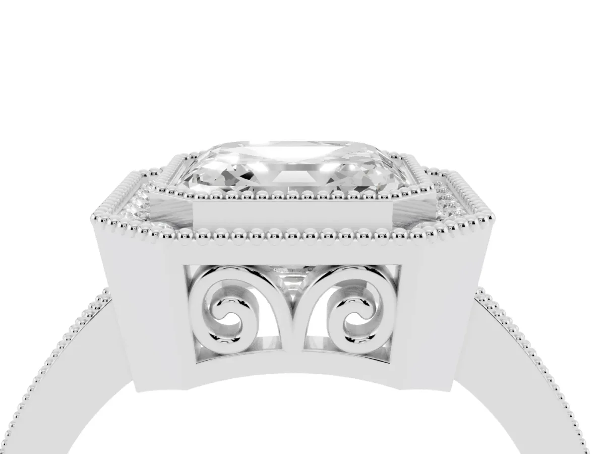 Asscher Cut Cut Halo Diamond Ring with Pavé Band and Milgrain Prong Setting Silver