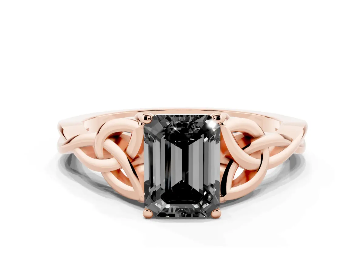 Fancy Black Emerald Cut Diamond Solitaire Engagement Ring with Celtic Knot Band and Four-Prong Setting Rose gold