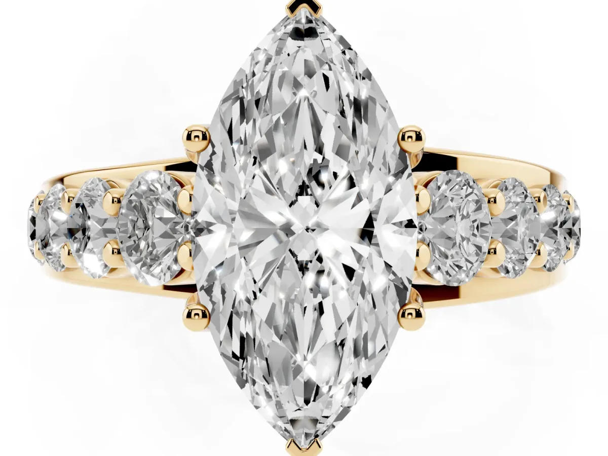 Marquise Cut Diamond Engagement Ring with Pavé Band and Four-Prong Setting Yellow gold