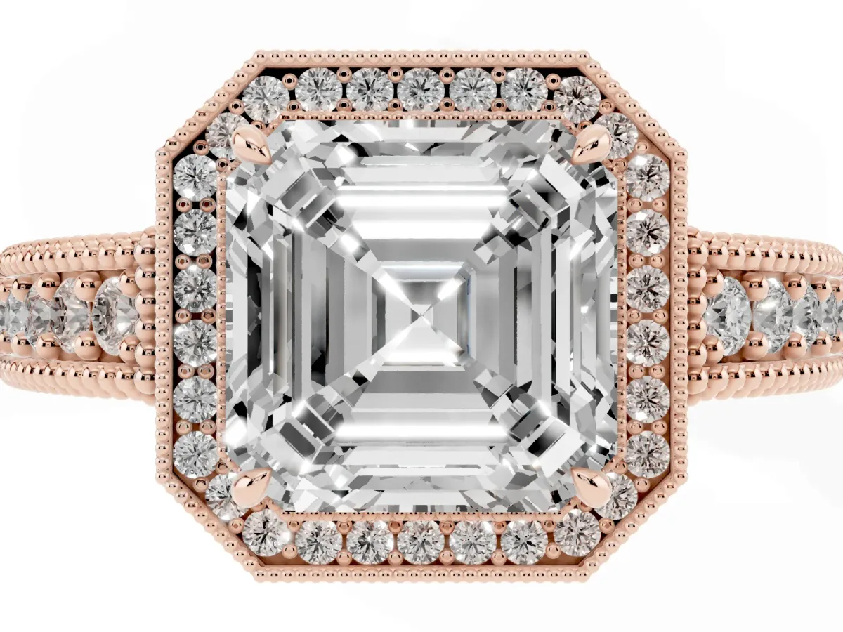 Asscher Cut Cut Halo Diamond Ring with Pavé Band and Four-Prong Setting Rose gold