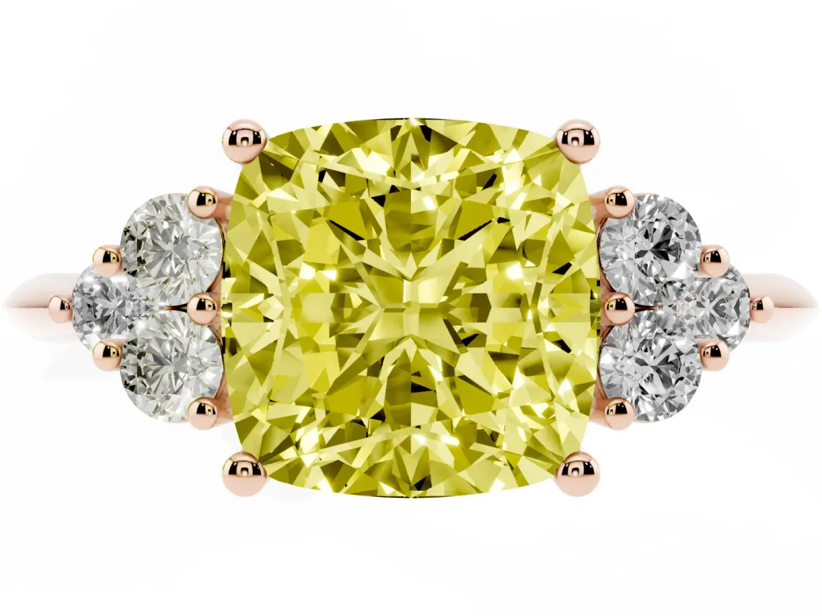Fancy Yellow Cushion Cut Cut Diamond Cluster Ring with Solitaire Band and Four-Prong Setting Rose gold