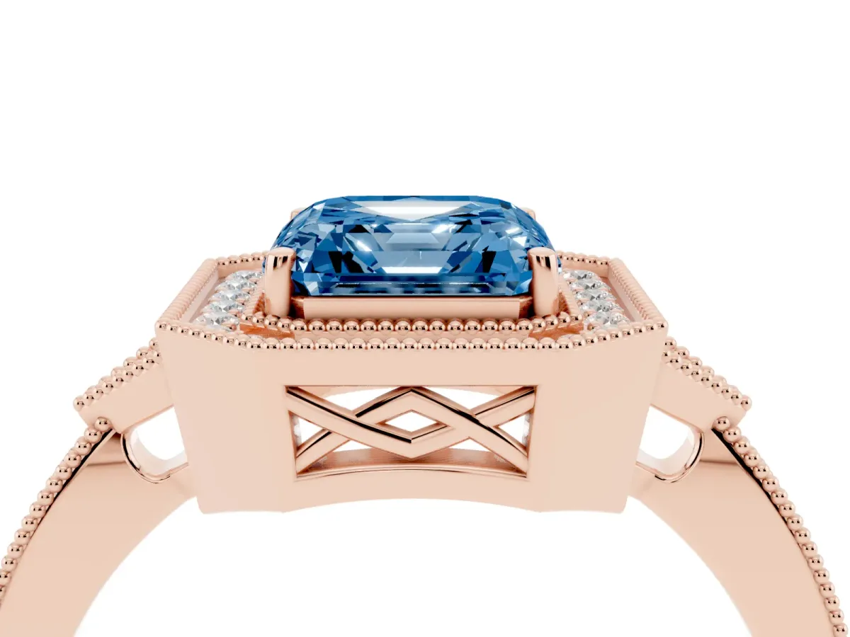 Fancy Blue Asscher Cut Halo Round Diamond Milgrain Pave Engagement Ring Rose gold