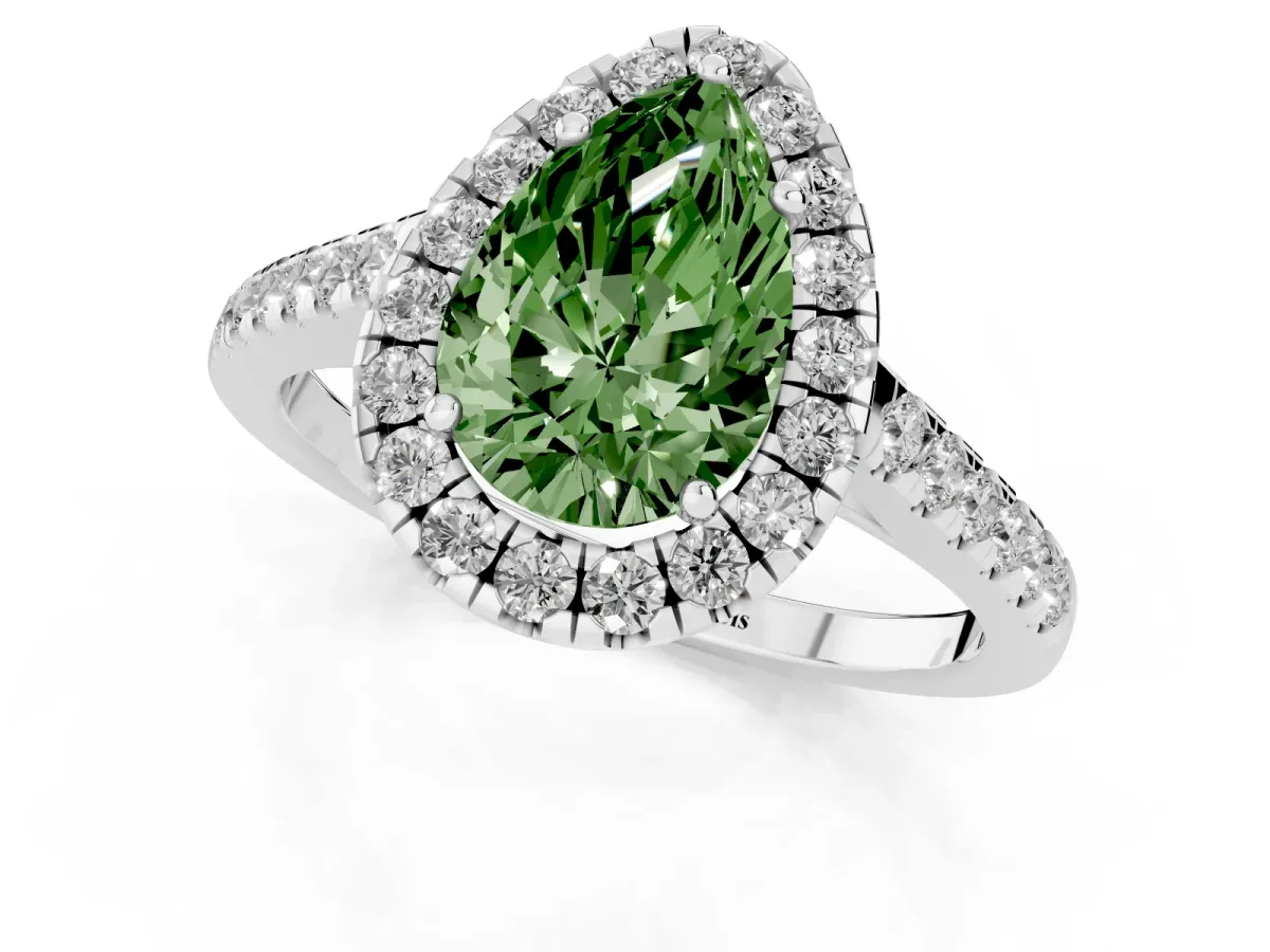 Fancy Green Pear Cut Halo Pave Diamond Engagement Ring with Four-Prong Setting Silver