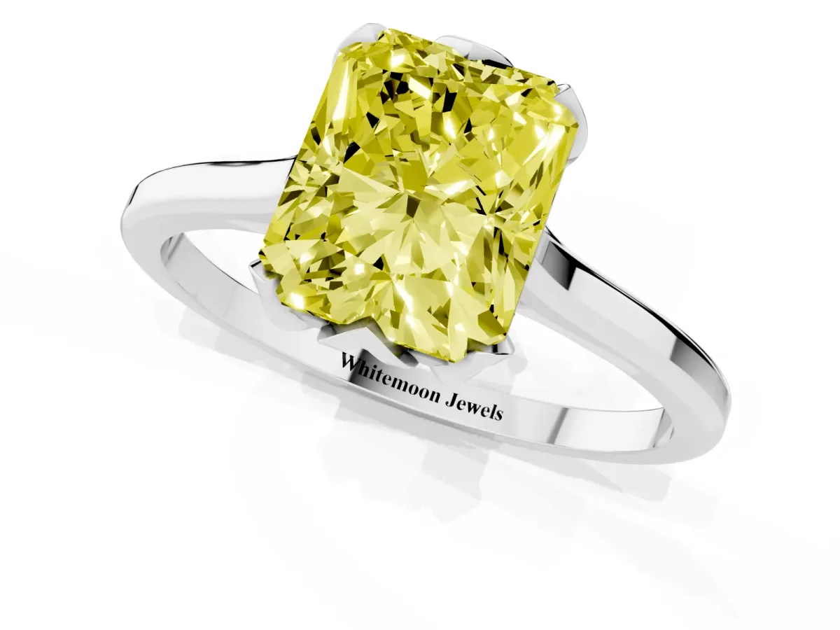 Fancy Yellow Radiant Cut Diamond Solitaire Ring with Flower Prong Setting and Classic Band Platinum
