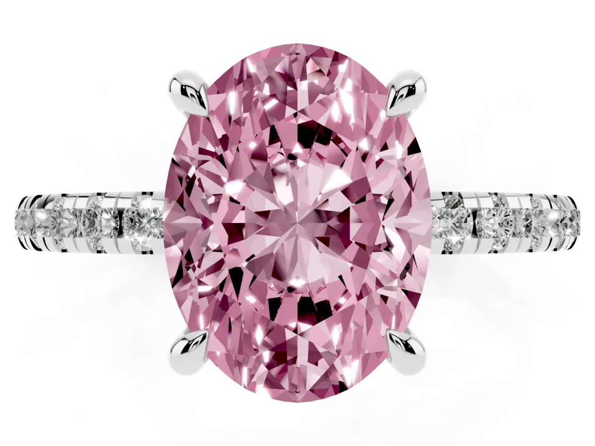 Fancy Pink Oval Cut Diamond Brilliant Solitaire Ring with Pavé Band and Four-Prong Setting Silver