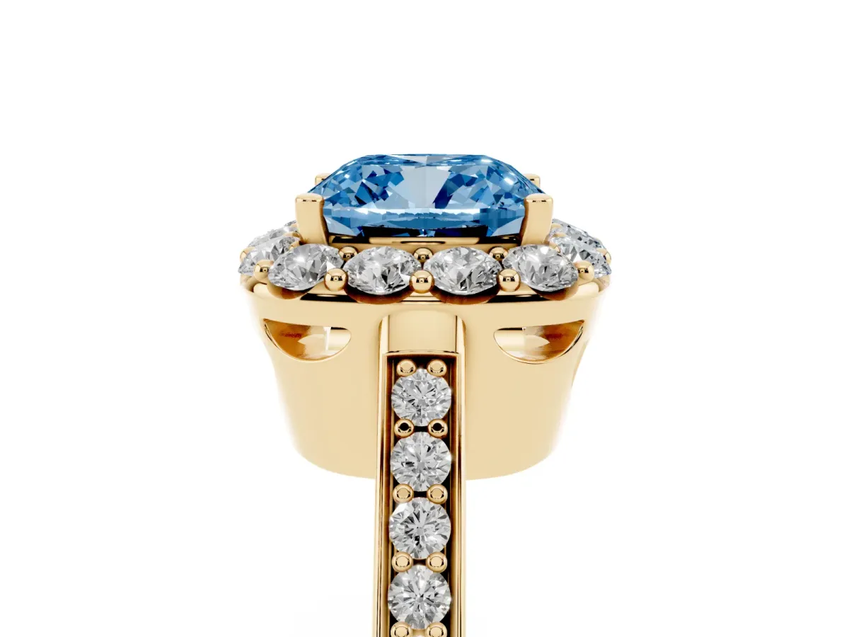 Fancy Blue Cushion Cut Diamond Floral Halo Ring with Pavé Band and Prong Setting Yellow gold