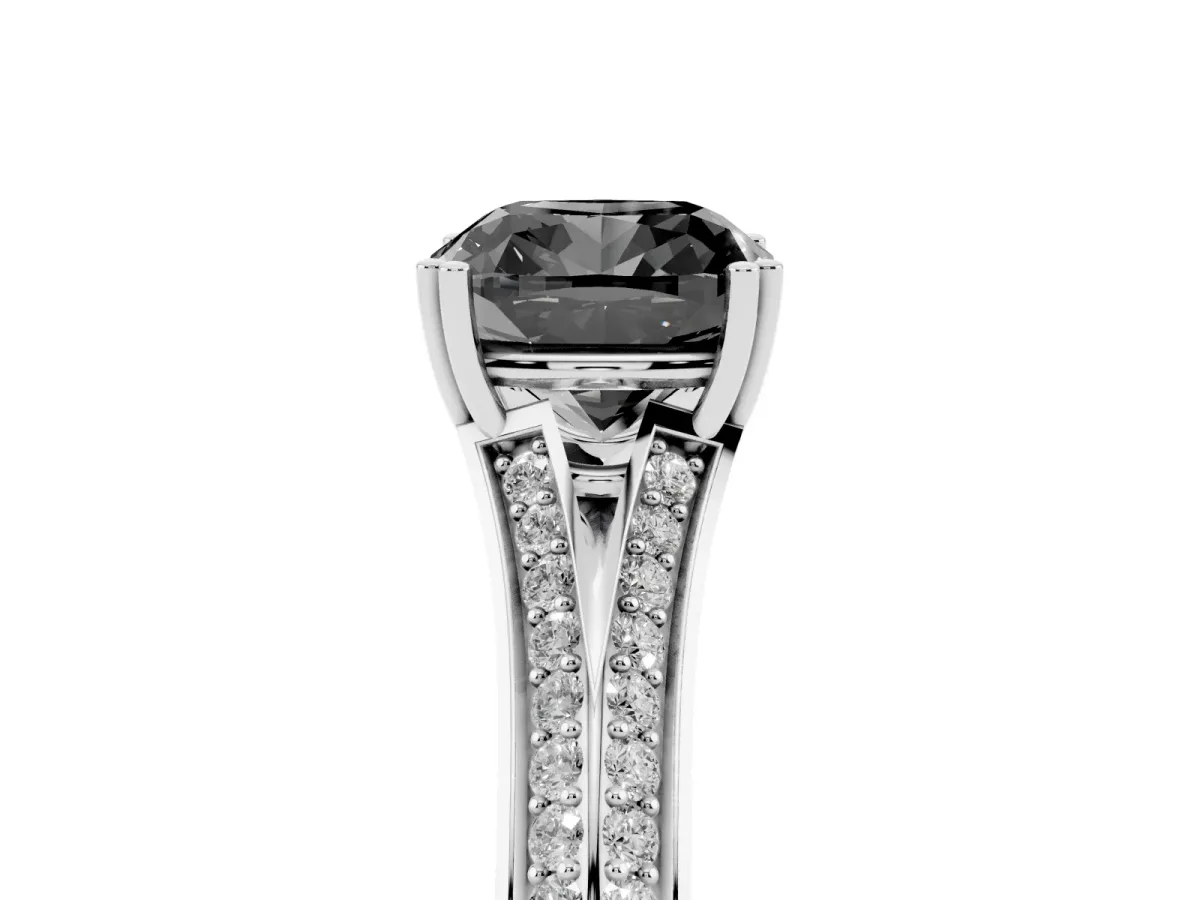 Fancy Black Cushion Cut Diamond Split Shank Engagement Ring with Pavé Band Silver