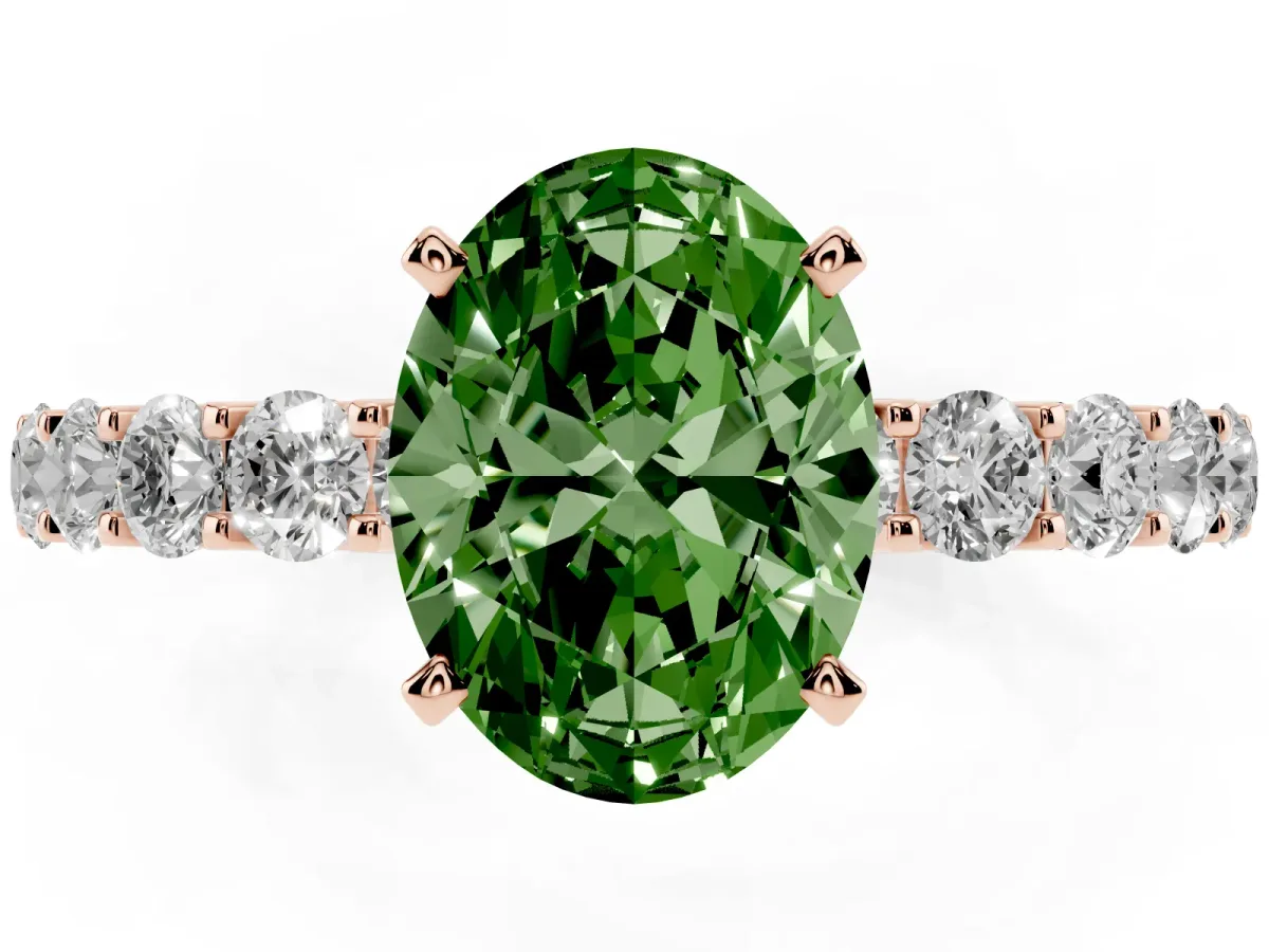 Fancy Green Oval Cut Diamond Solitaire Ring with Shared Prong Pavé Band and Four-Prong Setting Rose gold