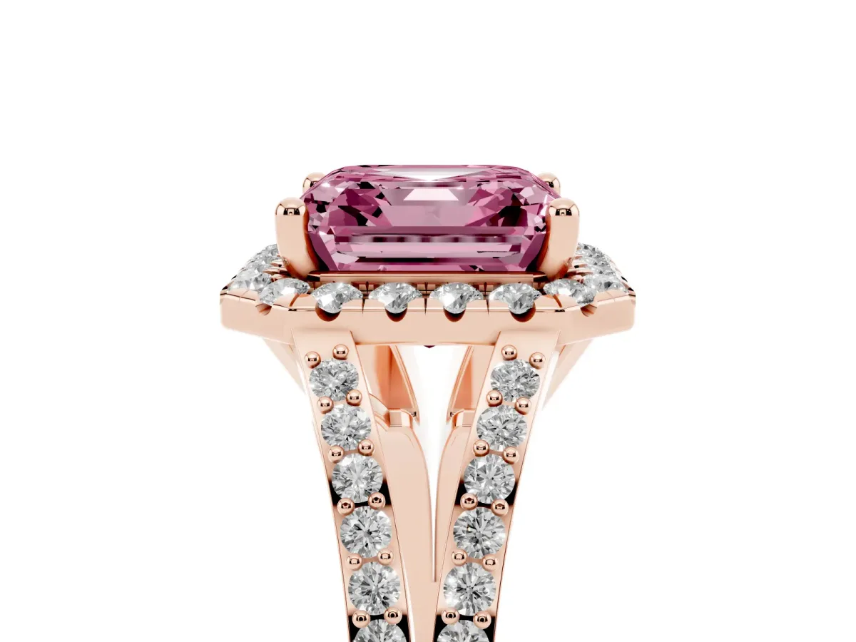 Fancy Pink Asscher Cut Halo Split Shank Diamond Ring with Prong Setting Rose gold