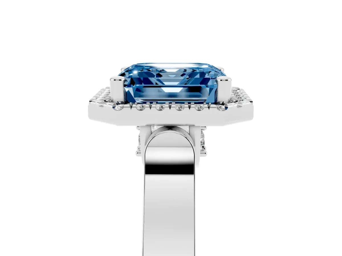 Fancy Blue Asscher Cut Halo Pave Split Shank Prong Setting Ring Silver