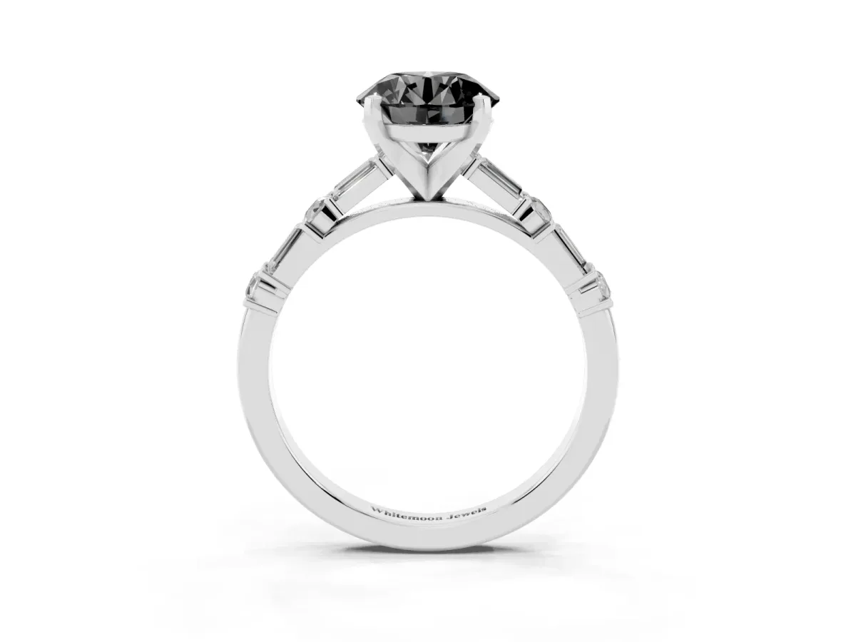Fancy Black Round Cut Diamond Solitaire with Side Baguettes and Channel Set Band White gold