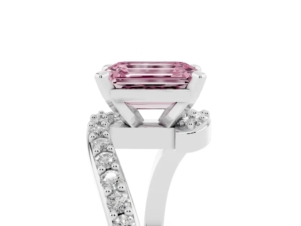 Fancy Pink Emerald Cut Solitaire Twist Band with Pave Set Diamonds and Four-Prong Setting Silver