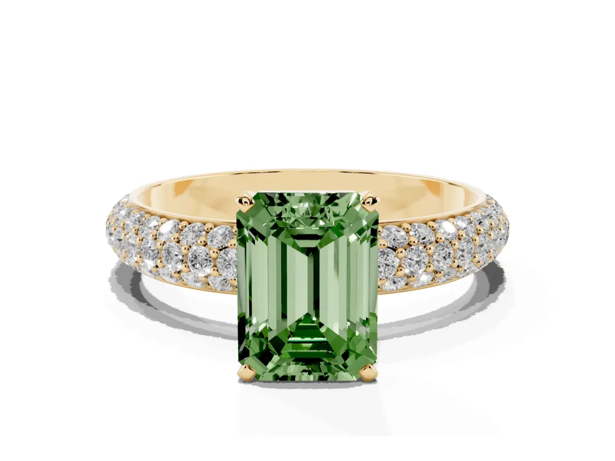Fancy Green Emerald Cut Diamond Solitaire Ring with Prong Setting and Pavé Band Yellow gold