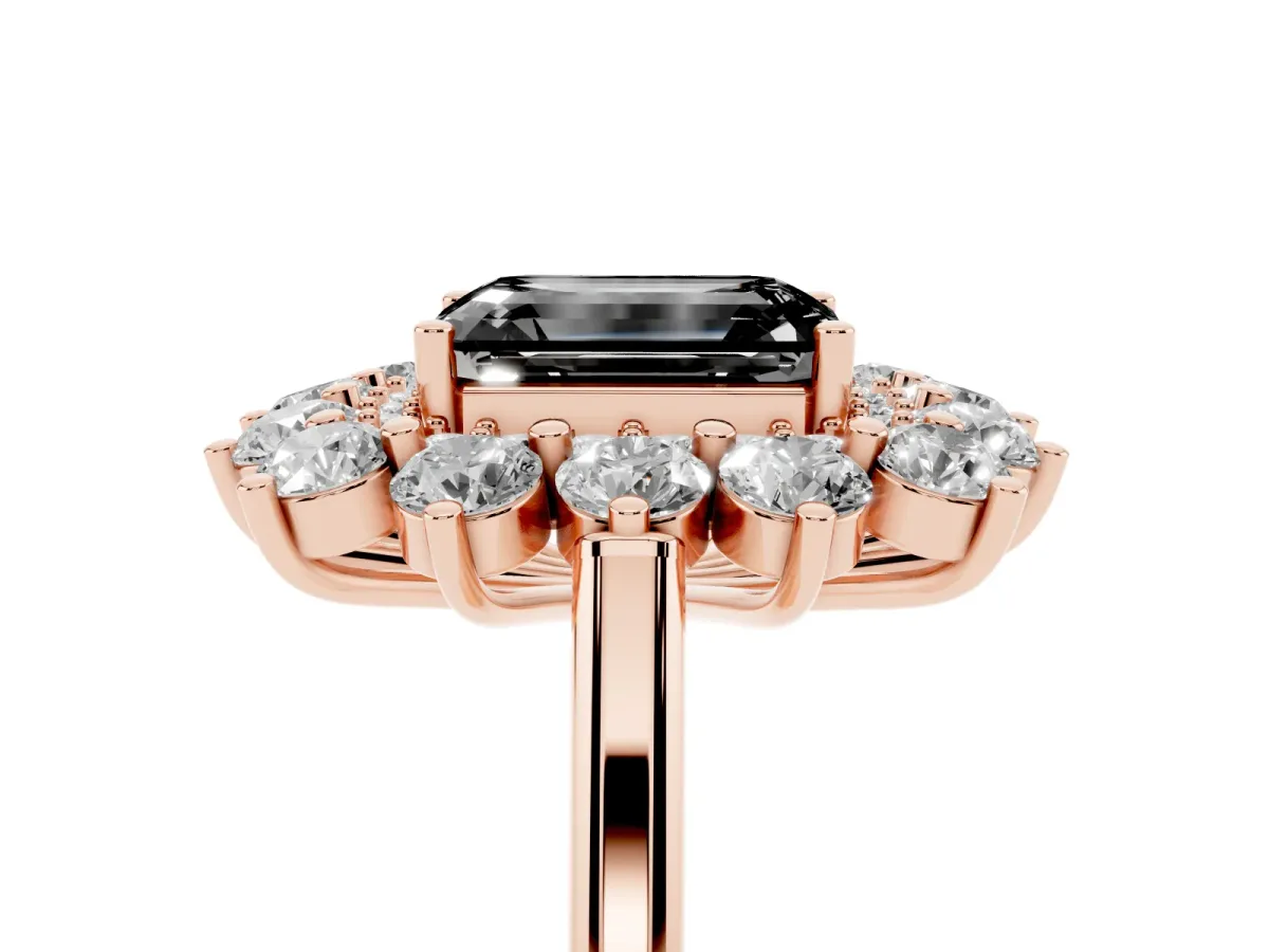 Fancy Black Emerald Cut Diamond Floral Double Halo Engagement Ring with Prong Setting Rose gold