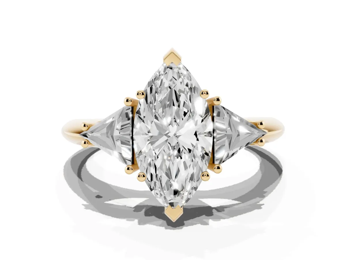 Three-Stone Marquise Cut Diamond Engagement Ring with Trillion Side Stones and Prong Setting Yellow gold