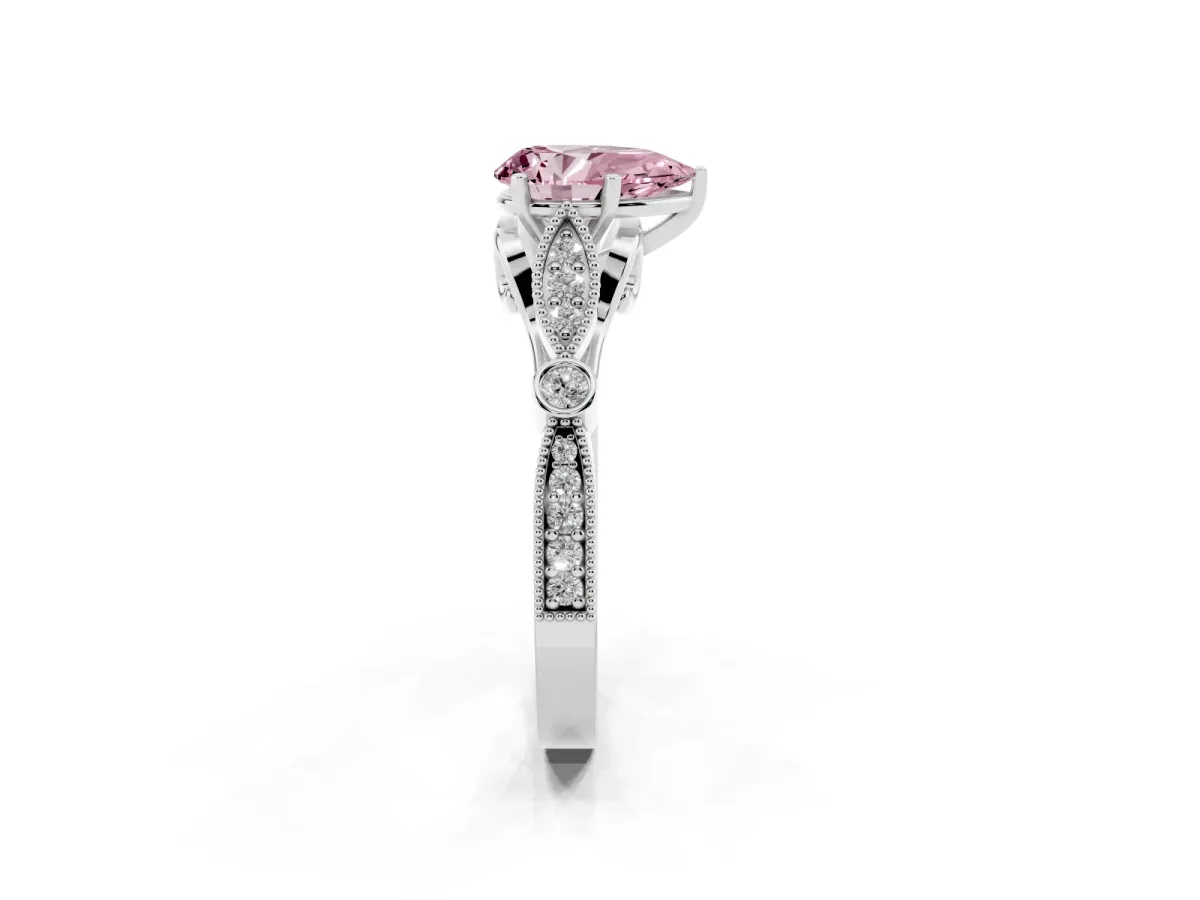 Fancy Pink Pear Cut Cut Diamond with Milgrain Marquise and Bezel Accents on a Solitaire Band with Prong Setting Platinum