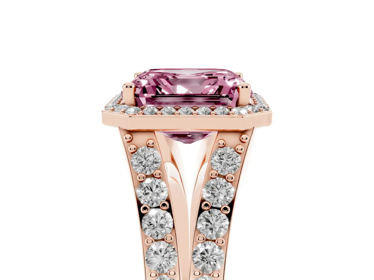 Fancy Pink Asscher Cut Diamond Split Shank Halo Ring with Four-Prong Setting Rose gold
